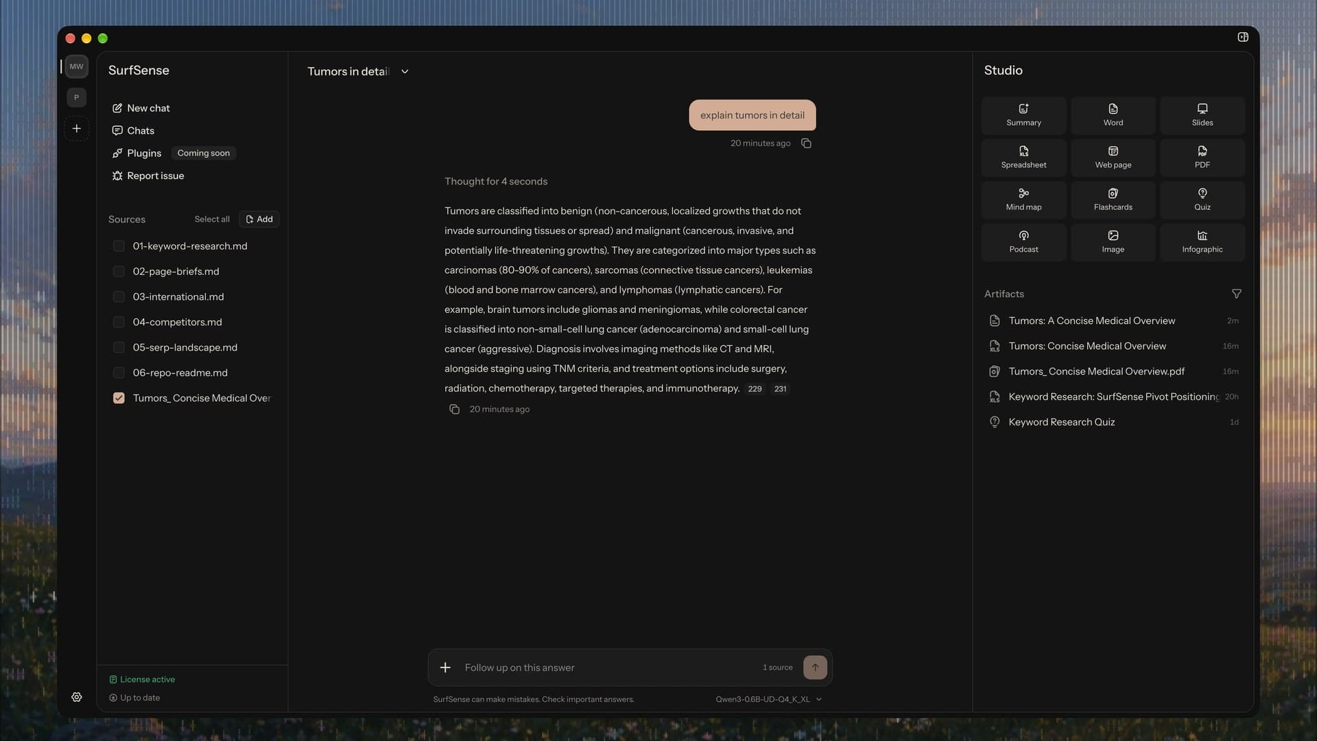The SurfSense desktop app: sources on the left, a cited answer in the chat, and Studio's formats on the right.